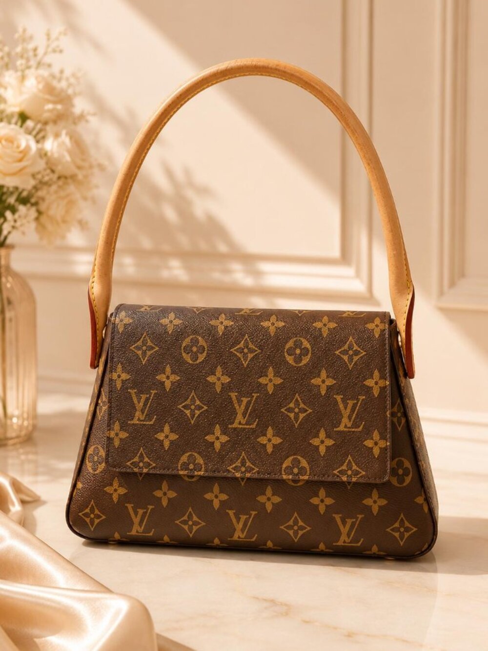 Authentic Louis Vuitton Monogram Looping PM Shoulder Bag Brown Canvas Leather LV